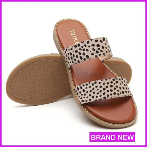 Women's Flat Sandals Slip On Double Strap Casual Summer Slides with Rivets - Picture 4 of 6